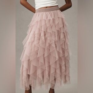 Anthropologie The Cheri Ruffled Tulle Ballet Pink Tiered Midi Skirt‎ Size Large